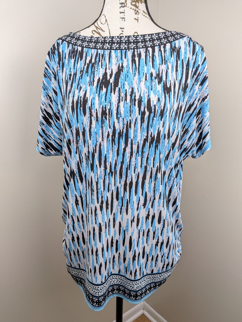 JM Collection Blue Brushtroke Studded Boat Neck Ruched Blouse Large Office